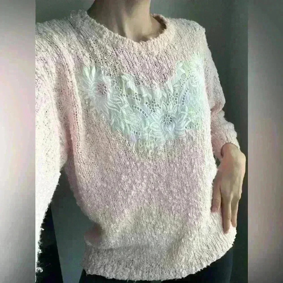 Vintage Paris Sports Club Prep Light Pink Knit Floral Embroidered Sweater Small - Picture 4 of 12